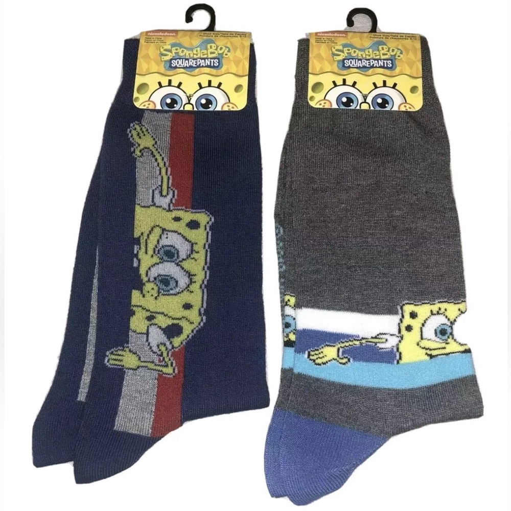 SpongeBob Crew Socks 2 Pair Men 6-12 Blue Gray Yellow w Faces NEW! Cartoon Nick